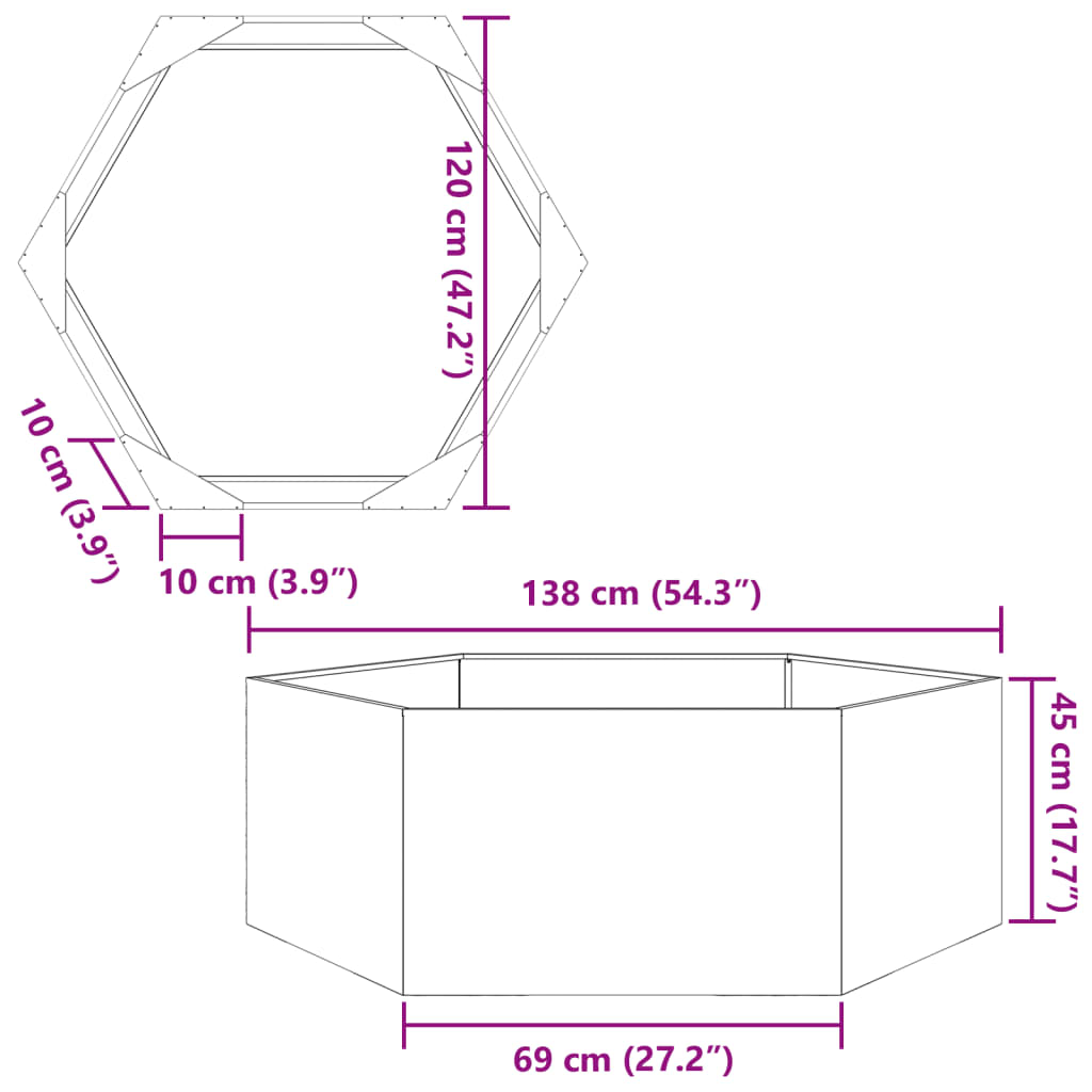 Pflanzkübel Sechseckig 138x120x45 Edelstahl