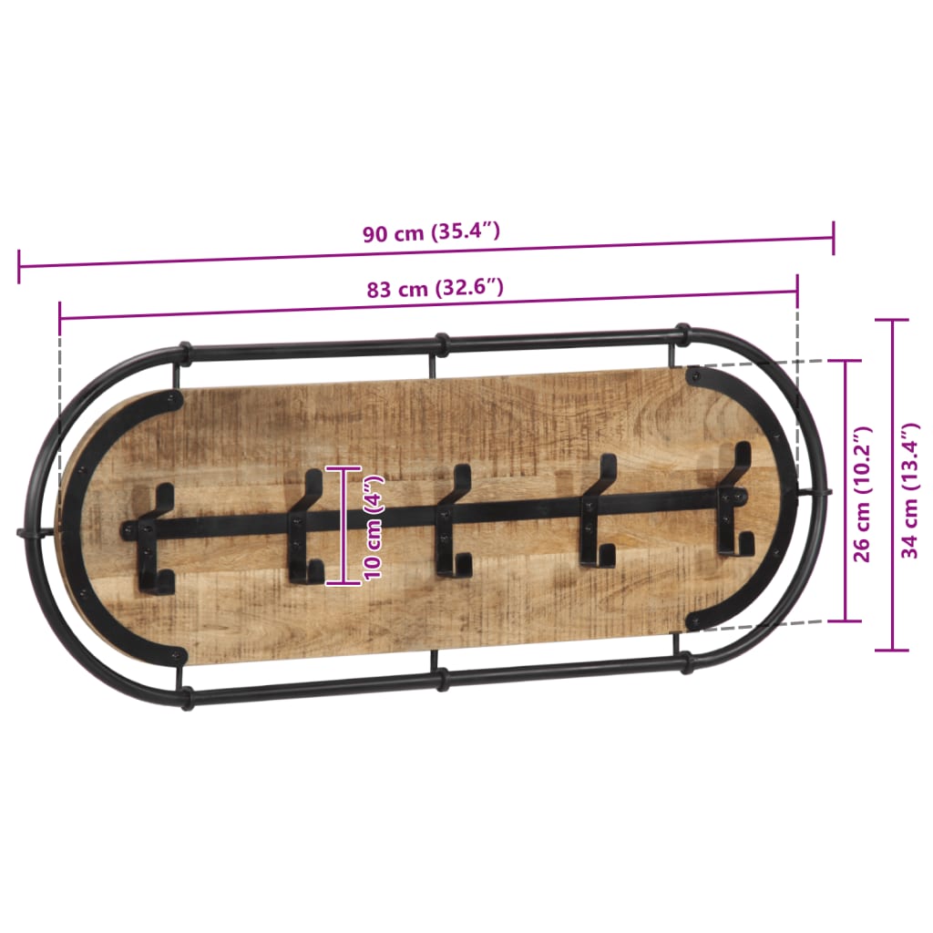 Wandgarderobe mit 5 Haken Raues Mangoholz