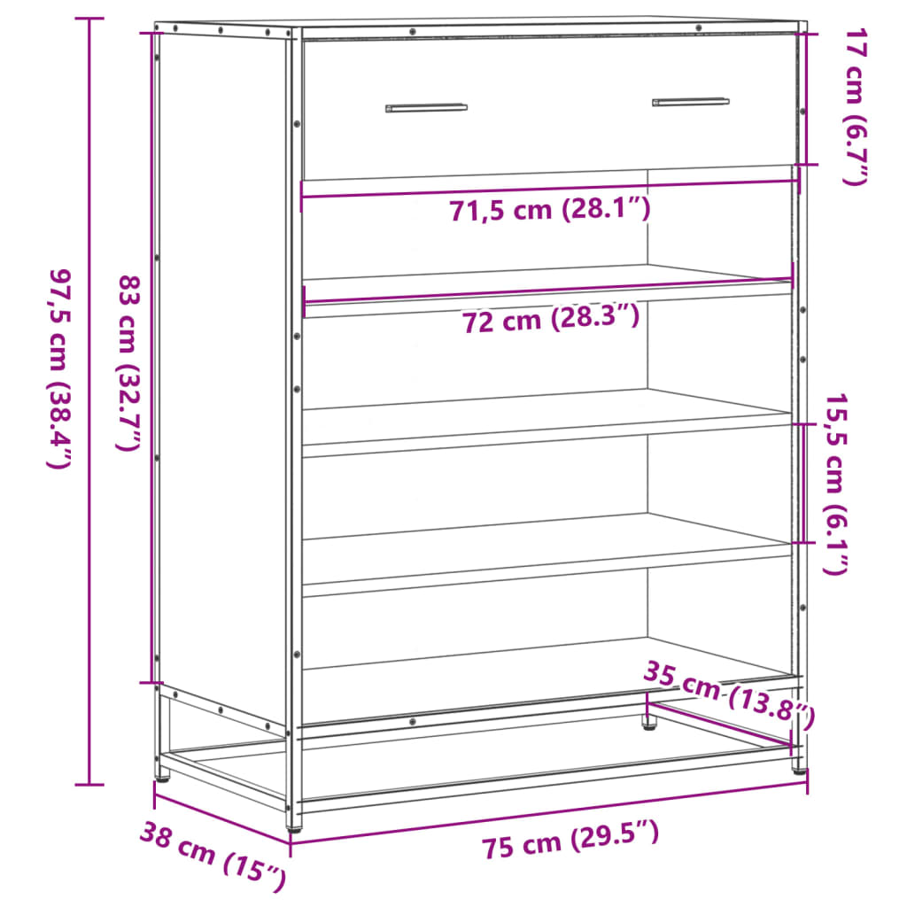 Schuhschrank Räuchereiche 75x38x97,5 cm Holzwerkstoff Metall