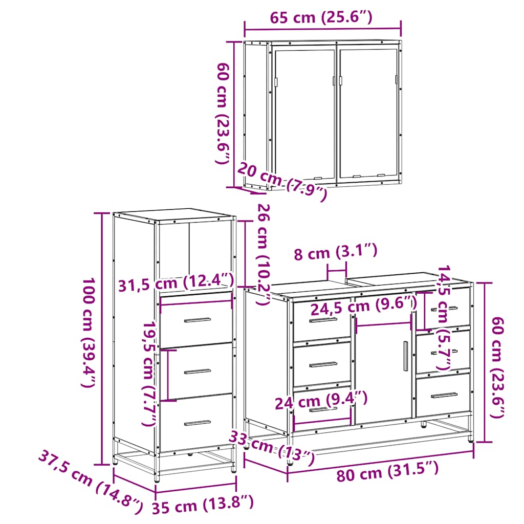 3-tlg. Badmöbel-Set Schwarz Holzwerkstoff