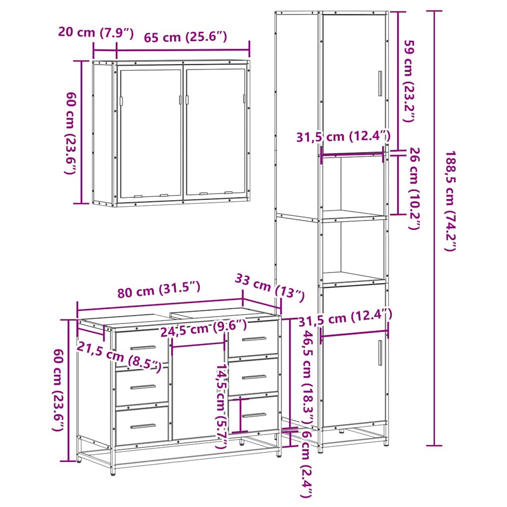 3-tlg. Badmöbel-Set Schwarz Holzwerkstoff