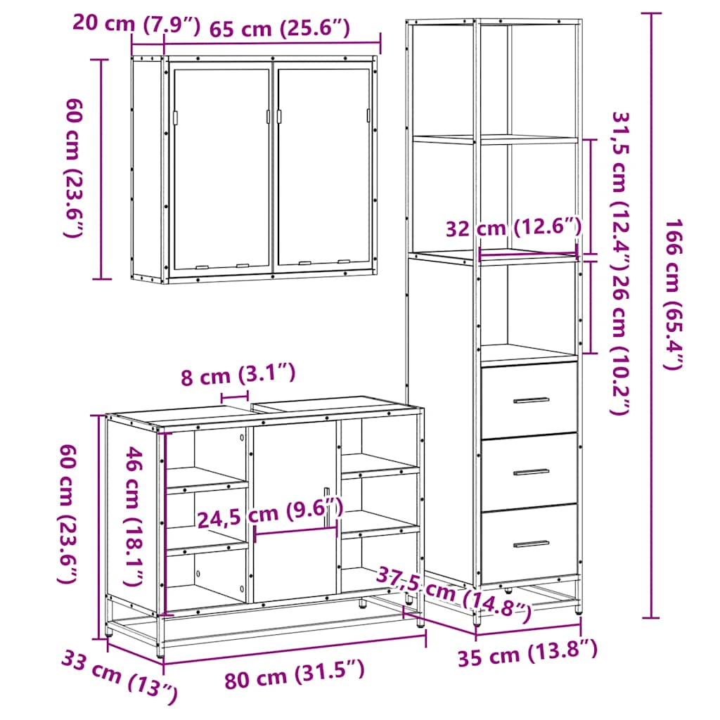 3-tlg. Badmöbel-Set Grau Sonoma Holzwerkstoff