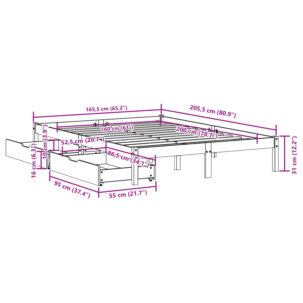 Massivholzbett ohne Matratze 160x200 cm Kiefernholz