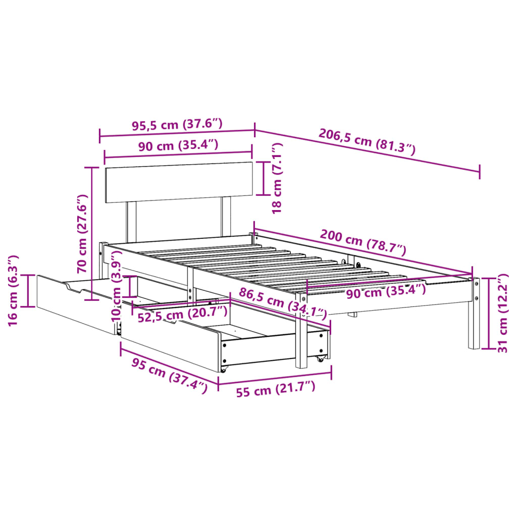 Massivholzbett ohne Matratze Weiß 90x200 cm Kiefernholz