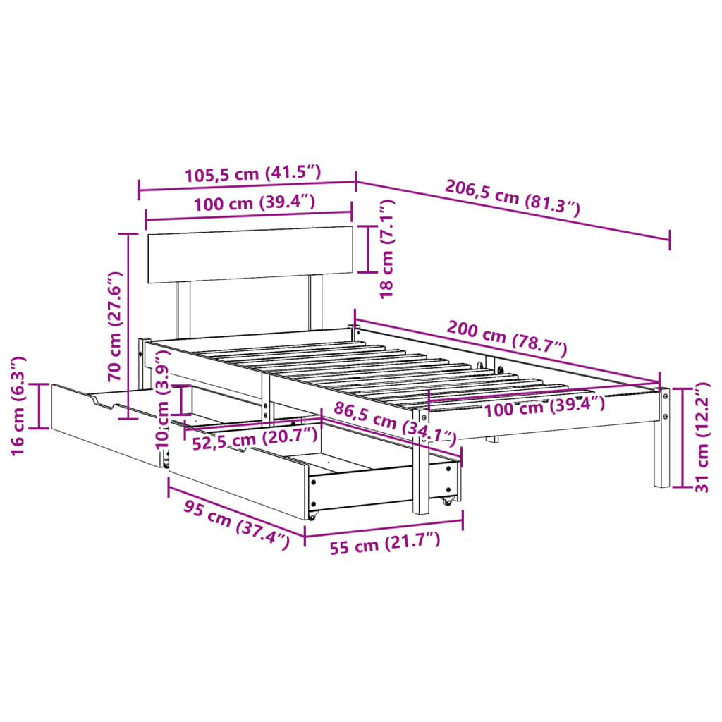 Massivholzbett ohne Matratze 100x200 cm Kiefernholz