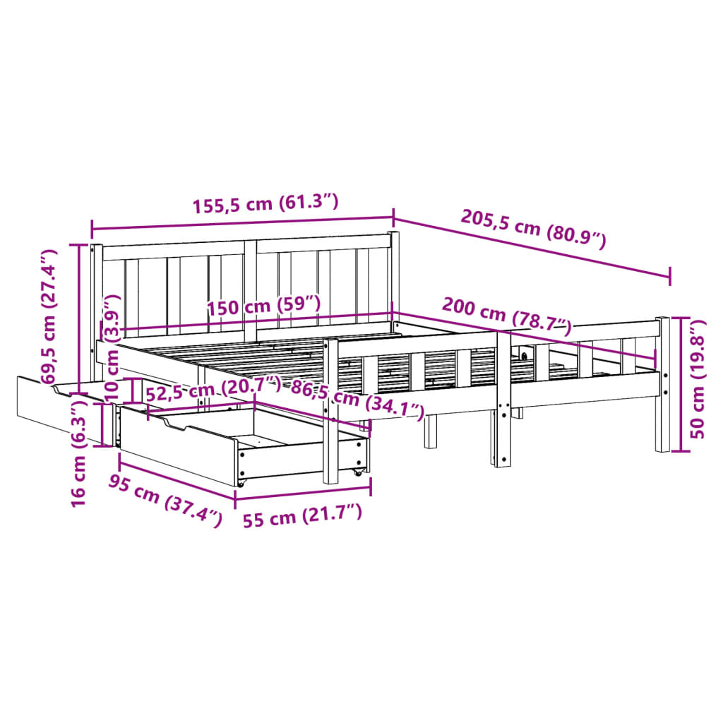 Massivholzbett ohne Matratze 150x200 cm Kiefernholz