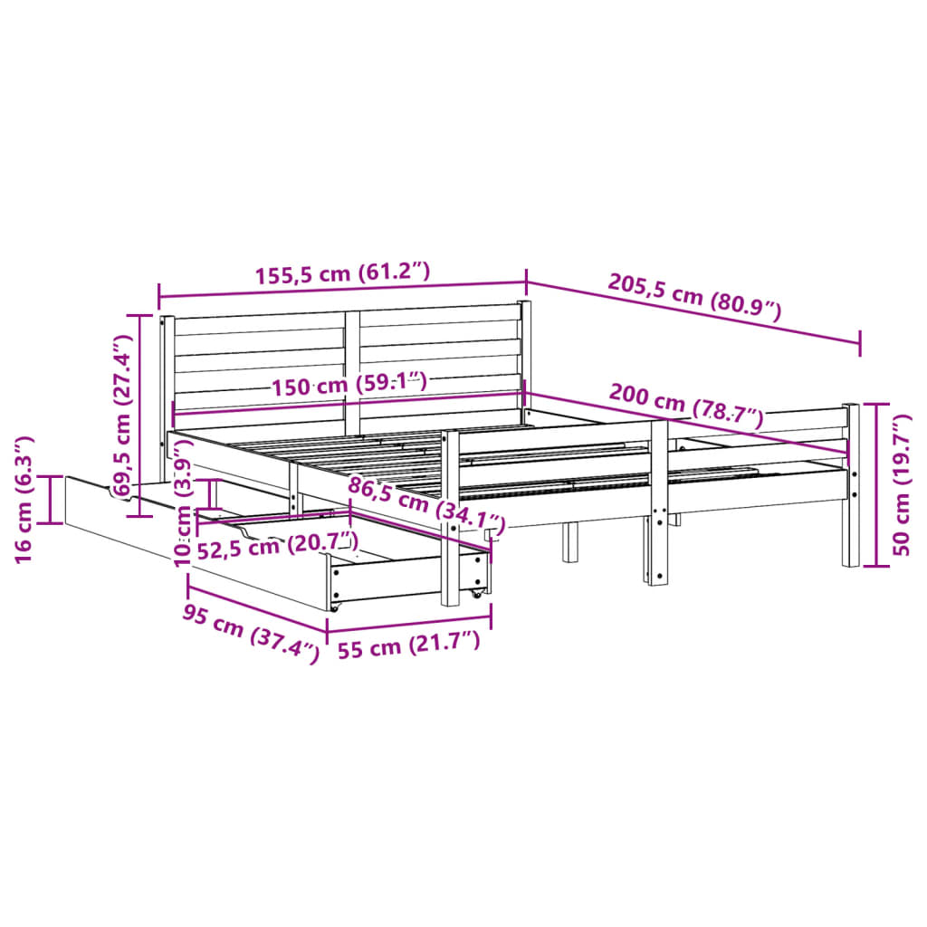 Massivholzbett ohne Matratze 150x200 cm Kiefernholz