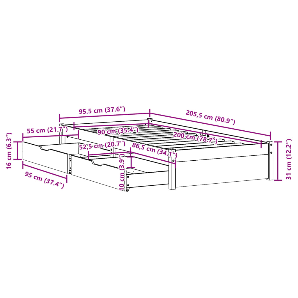 Massivholzbett ohne Matratze Weiß 90x200 cm Kiefernholz