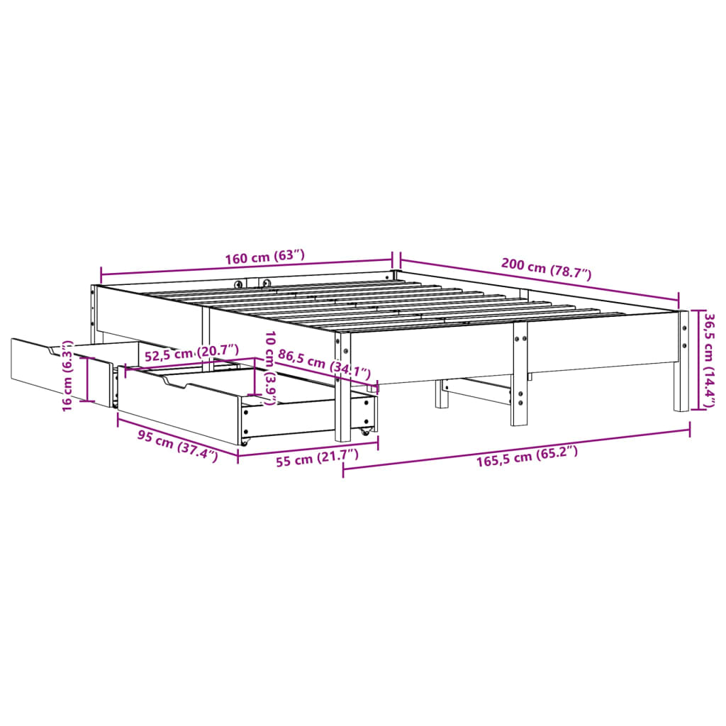 Massivholzbett ohne Matratze 160x200 cm Kiefernholz