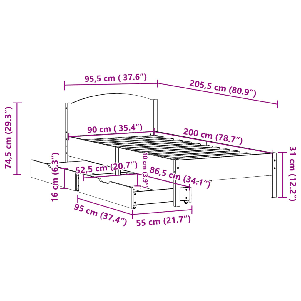 Massivholzbett ohne Matratze Weiß 90x200 cm Kiefernholz