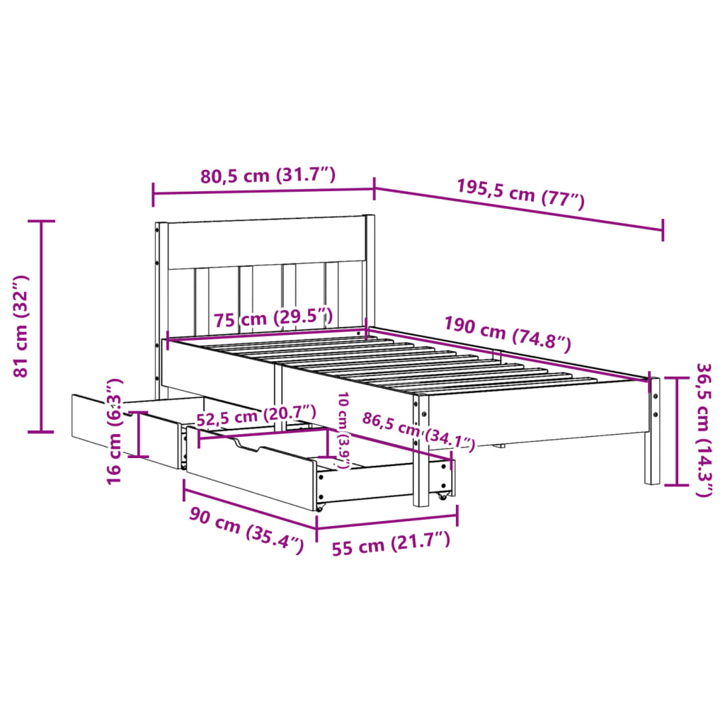 Massivholzbett ohne Matratze Wachsbraun 75x190 cm Kiefernholz