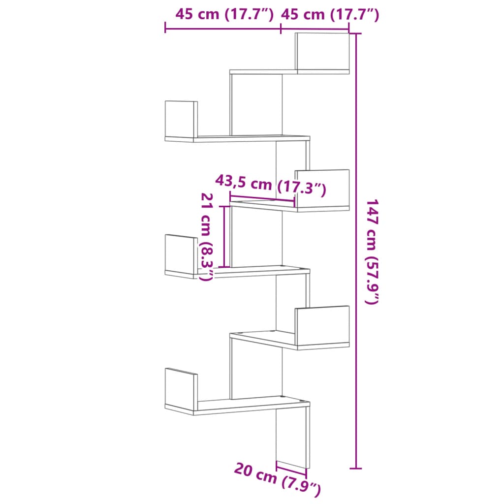 Wand-Eckregal Braun Eichen-Optik 45x45x147 cm Holzwerkstoff