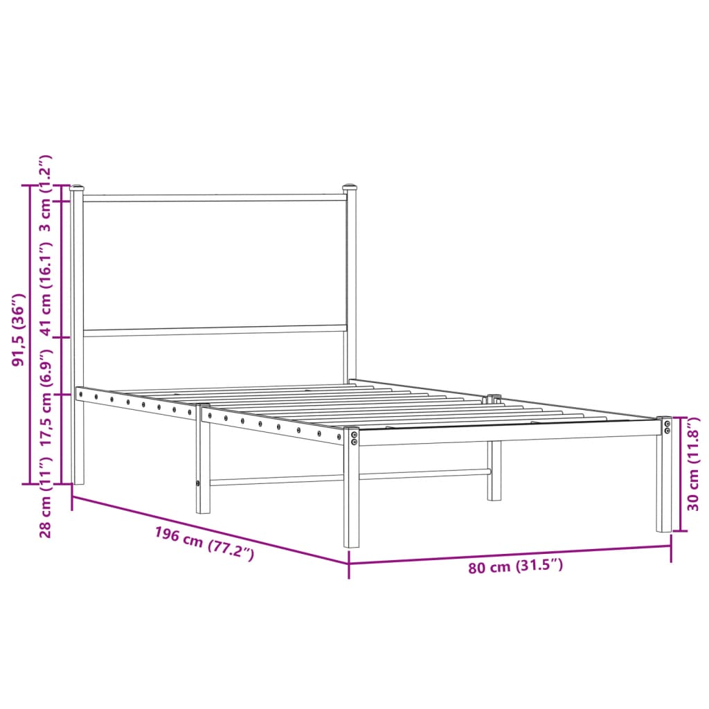 Metallbett ohne Matratze Sonoma-Eiche 75x190 cm