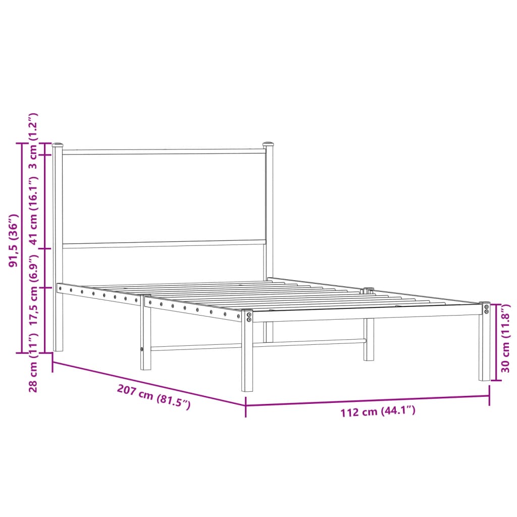 Metallbett ohne Matratze Sonoma-Eiche 107x203 cm