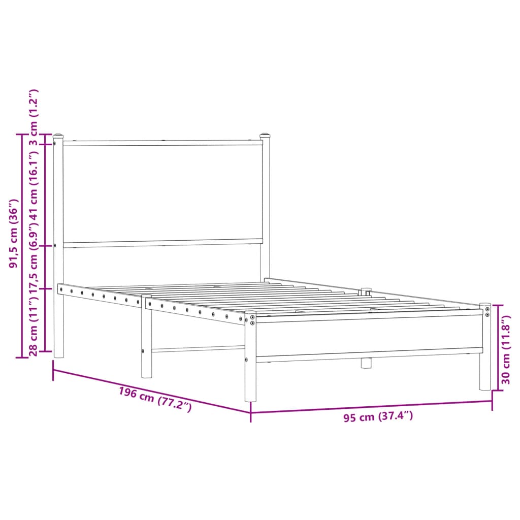 Metallbett ohne Matratze Sonoma-Eiche 90x190 cm