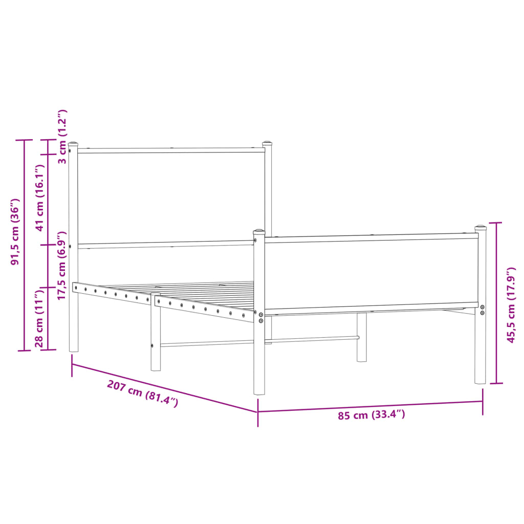 Metallbett ohne Matratze Sonoma-Eiche 80x200 cm