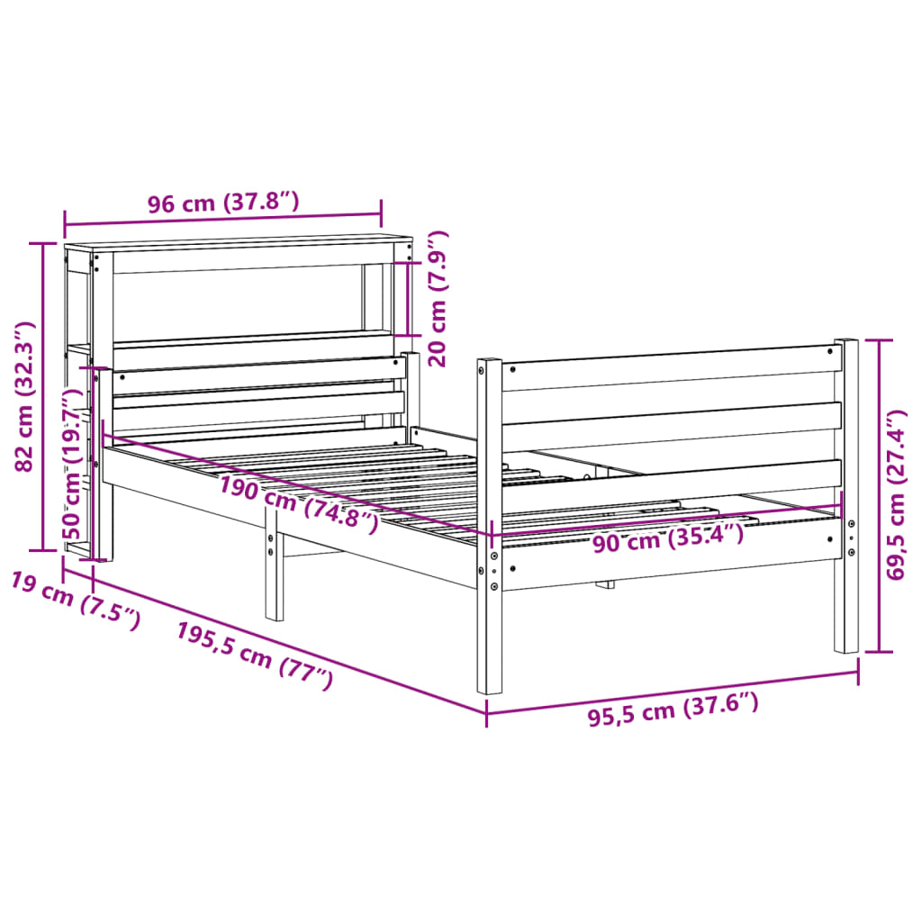 Bettgestell mit Kopfteil ohne Matratze 90x190 cm