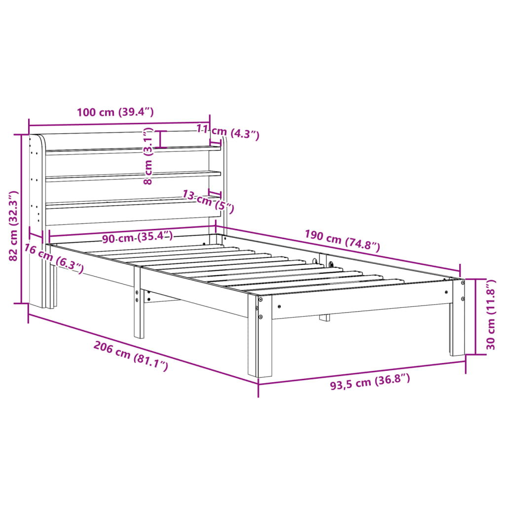 Bettgestell mit Kopfteil ohne Matratze 90x190 cm