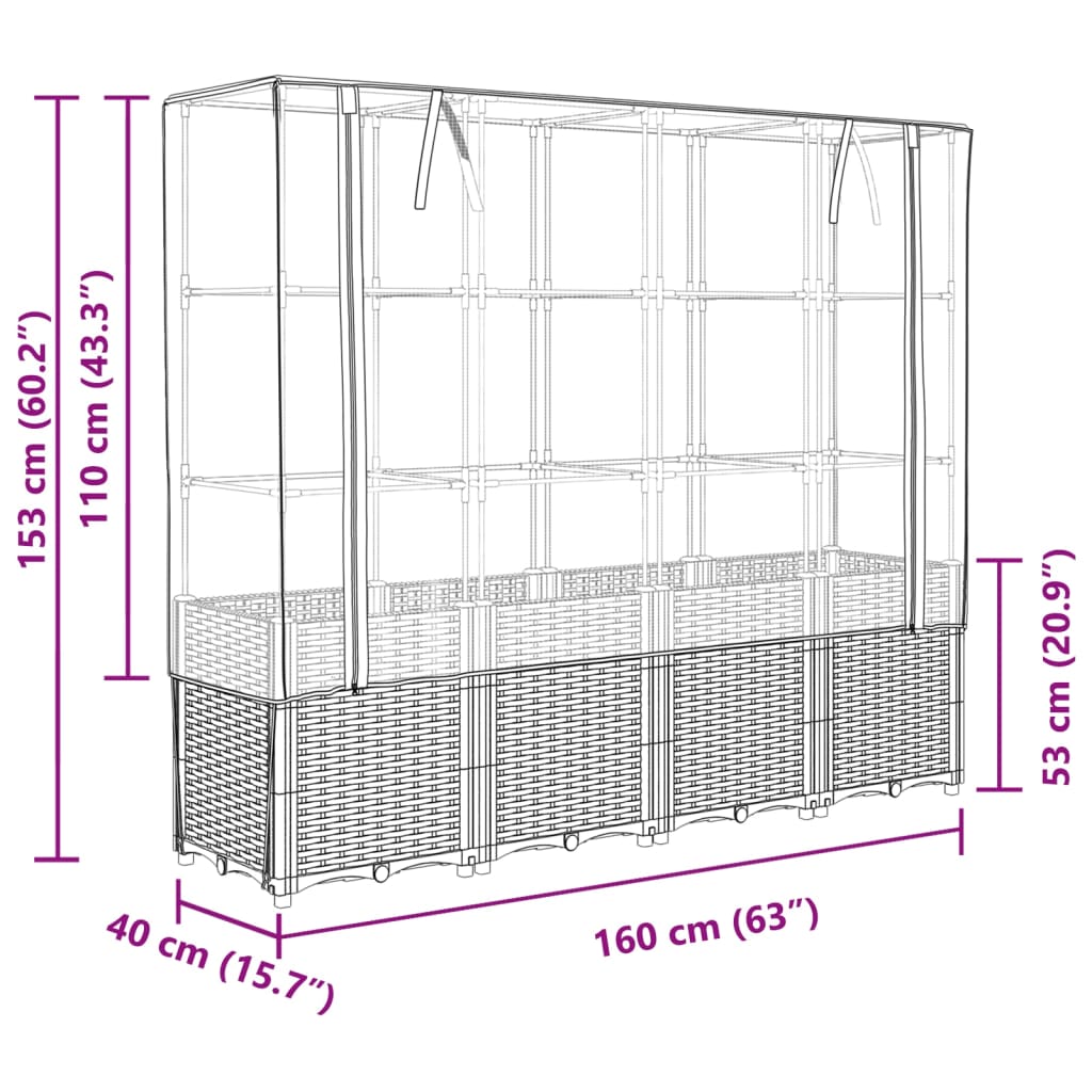 Hochbeet mit Gewächshaus-Aufsatz Rattan-Optik 160x40x153 cm