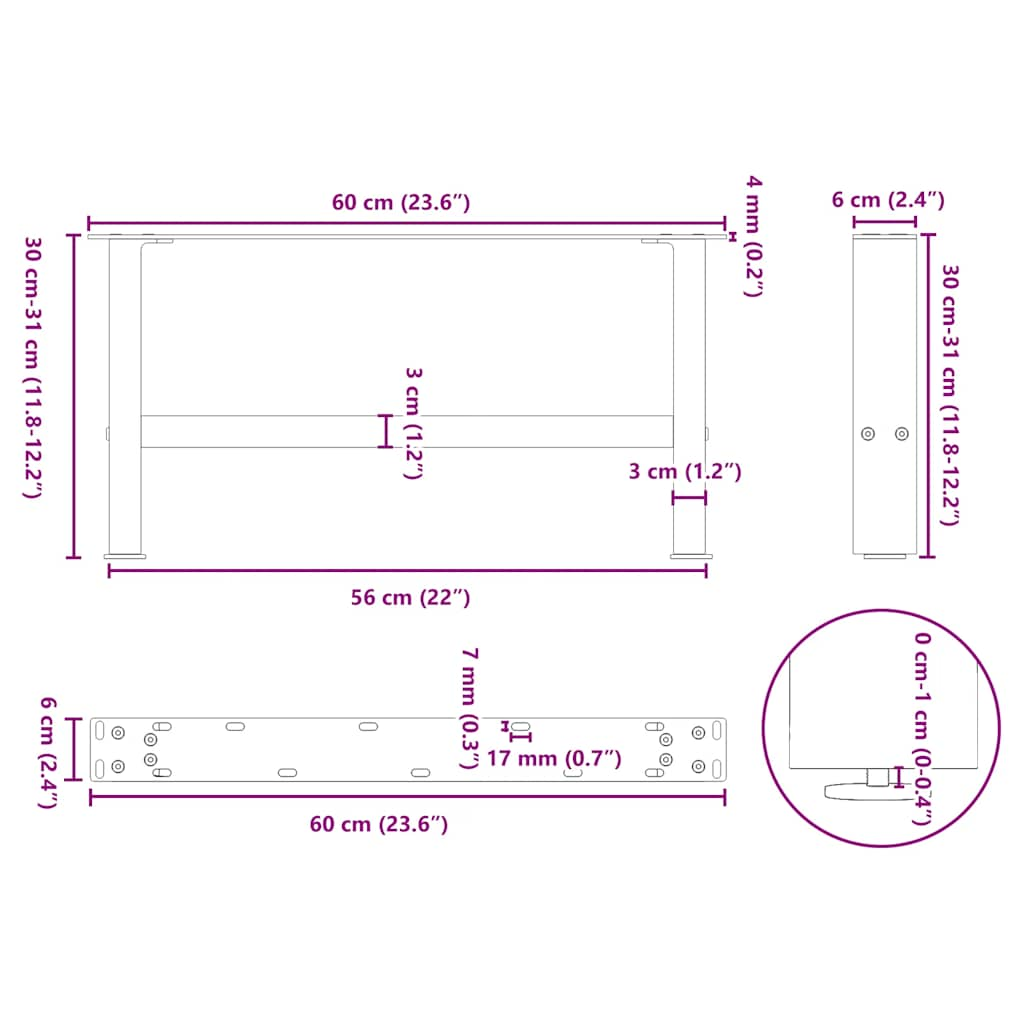 Couchtischbeine Schwarz 2 Stk. 60x(30-31) cm Stahl