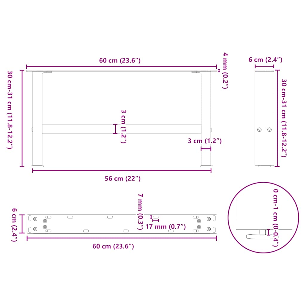 Couchtischbeine Weiß 2 Stk. 60x(30-31) cm Stahl