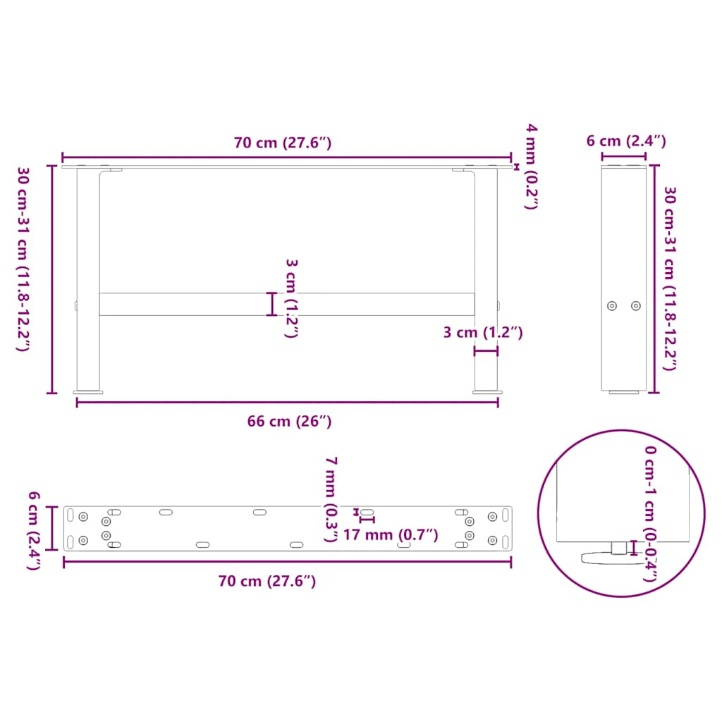 Couchtischbeine Schwarz 2 Stk. 70x(30-31) cm Stahl