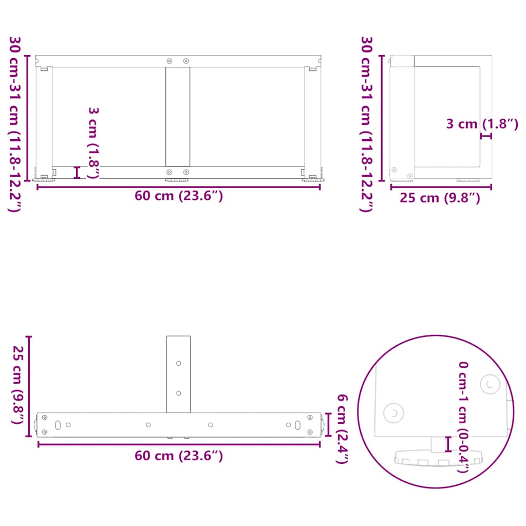 Couchtischbeine T-Form 2 Stk. Schwarz 60x25x(30-31) cm Stahl