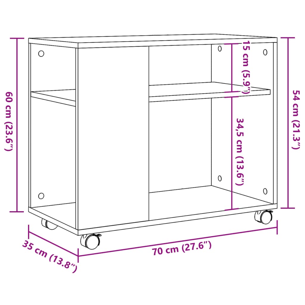 Beistelltisch mit Rollen Weiß 70x35x60 cm Holzwerkstoff