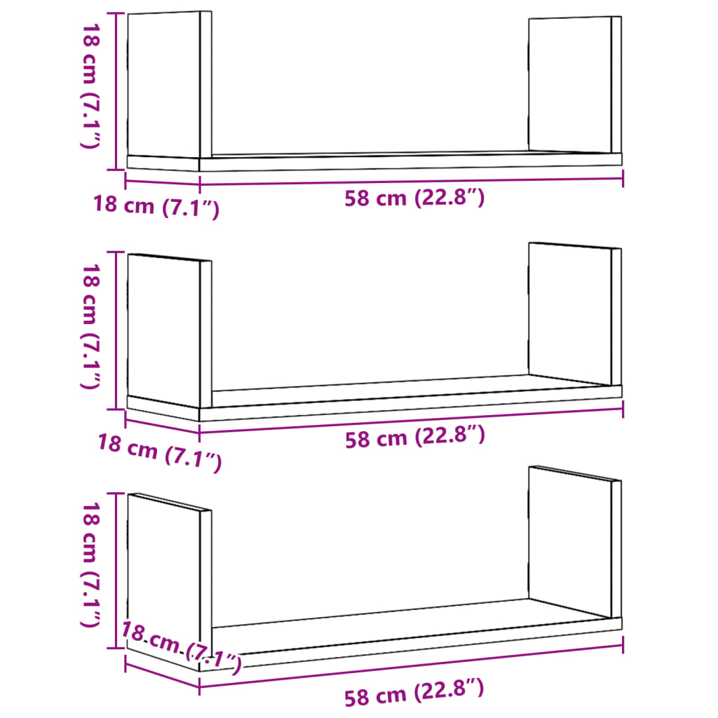 Wandregale 3 Stk. Sonoma-Eiche 58x18x18 cm Holzwerkstoff