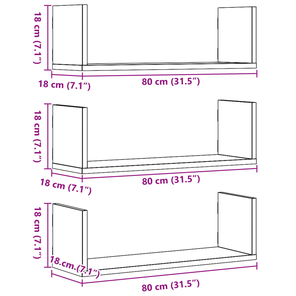 Wandregale 3 Stk. Grau Sonoma 80x18x18 cm Holzwerkstoff