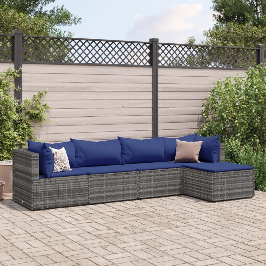 5-tlg. Garten-Lounge-Set mit Kissen Grau Poly Rattan