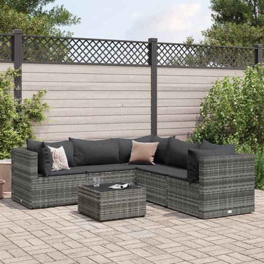 6-tlg. Garten-Lounge-Set mit Kissen Grau Poly Rattan