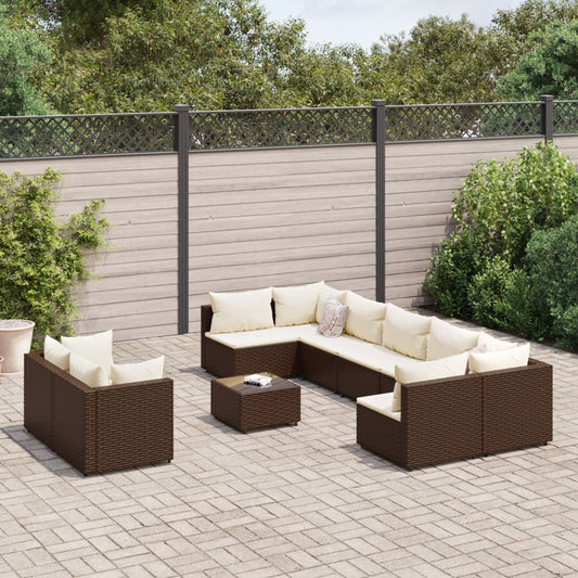 10-tlg. Garten-Sofagarnitur mit Kissen Braun Poly Rattan