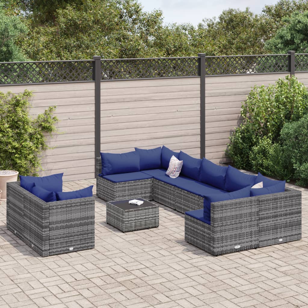 10-tlg. Garten-Sofagarnitur mit Kissen Grau Poly Rattan