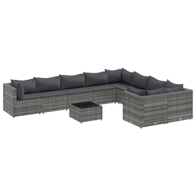 10-tlg. Garten-Sofagarnitur mit Kissen Grau Poly Rattan