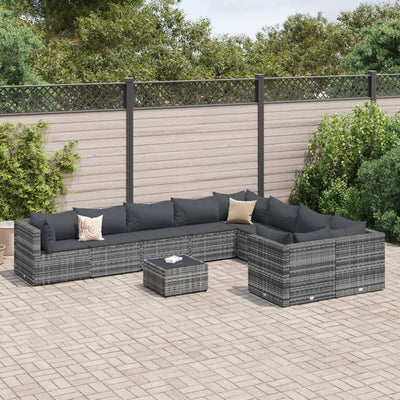 10-tlg. Garten-Sofagarnitur mit Kissen Grau Poly Rattan