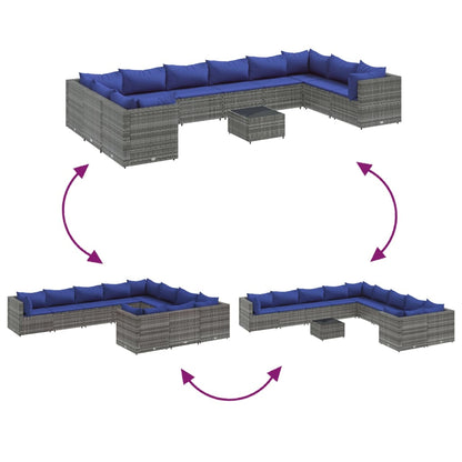 11-tlg. Garten-Sofagarnitur mit Kissen Grau Poly Rattan