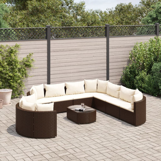 10-tlg. Garten-Sofagarnitur mit Kissen Braun Poly Rattan