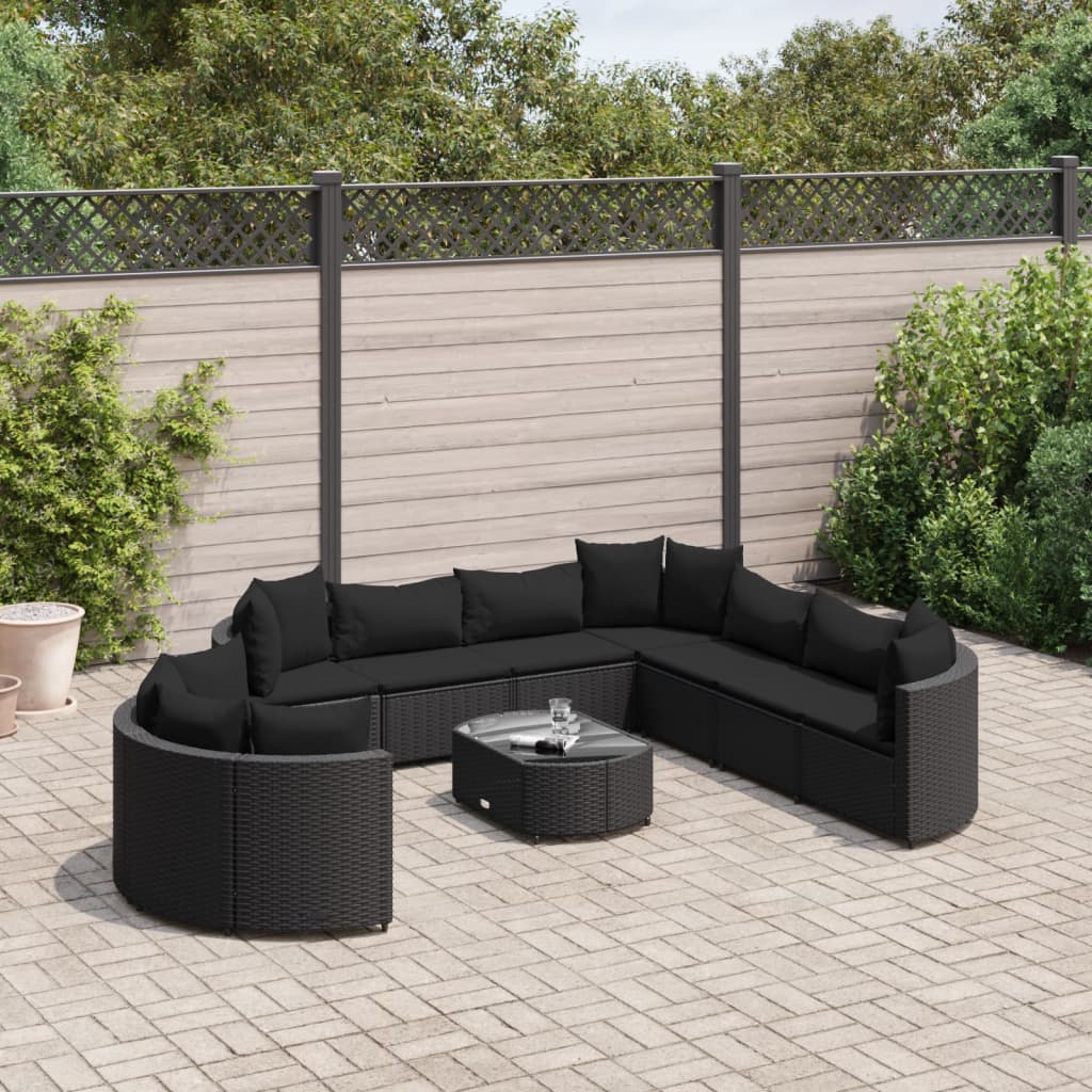 10-tlg. Garten-Sofagarnitur mit Kissen Schwarz Poly Rattan