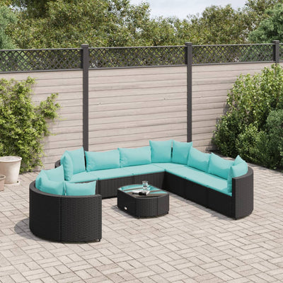 10-tlg. Garten-Sofagarnitur mit Kissen Schwarz Poly Rattan