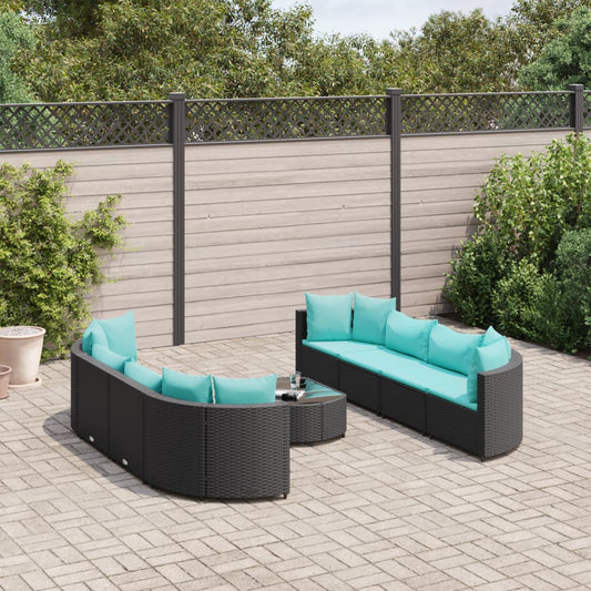 9-tlg. Garten-Sofagarnitur mit Kissen Schwarz Poly Rattan