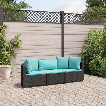 3-tlg. Garten-Sofagarnitur mit Kissen Schwarz Poly Rattan