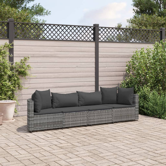 4-tlg. Garten-Sofagarnitur mit Kissen Grau Poly Rattan