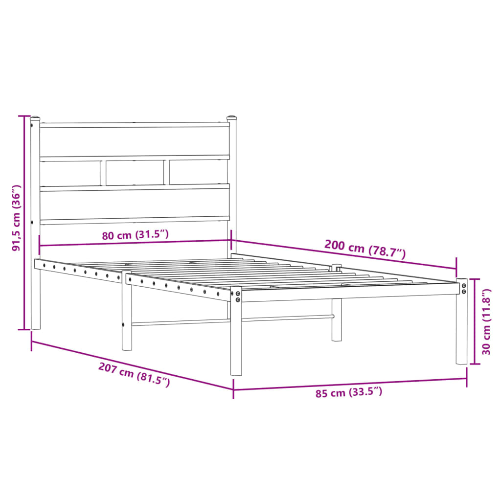 Metallbett ohne Matratze Räuchereiche 80x200 cm