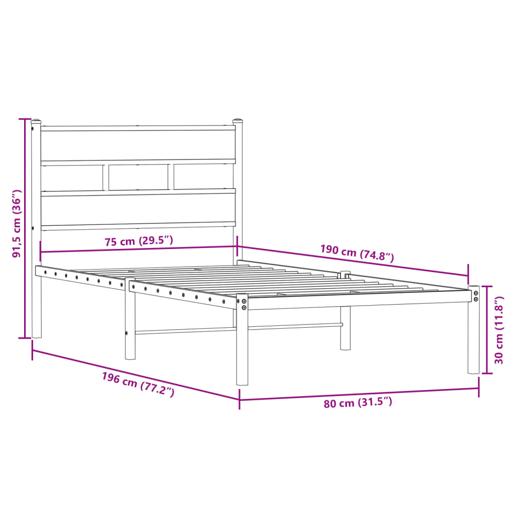 Metallbett ohne Matratze Sonoma-Eiche 75x190 cm