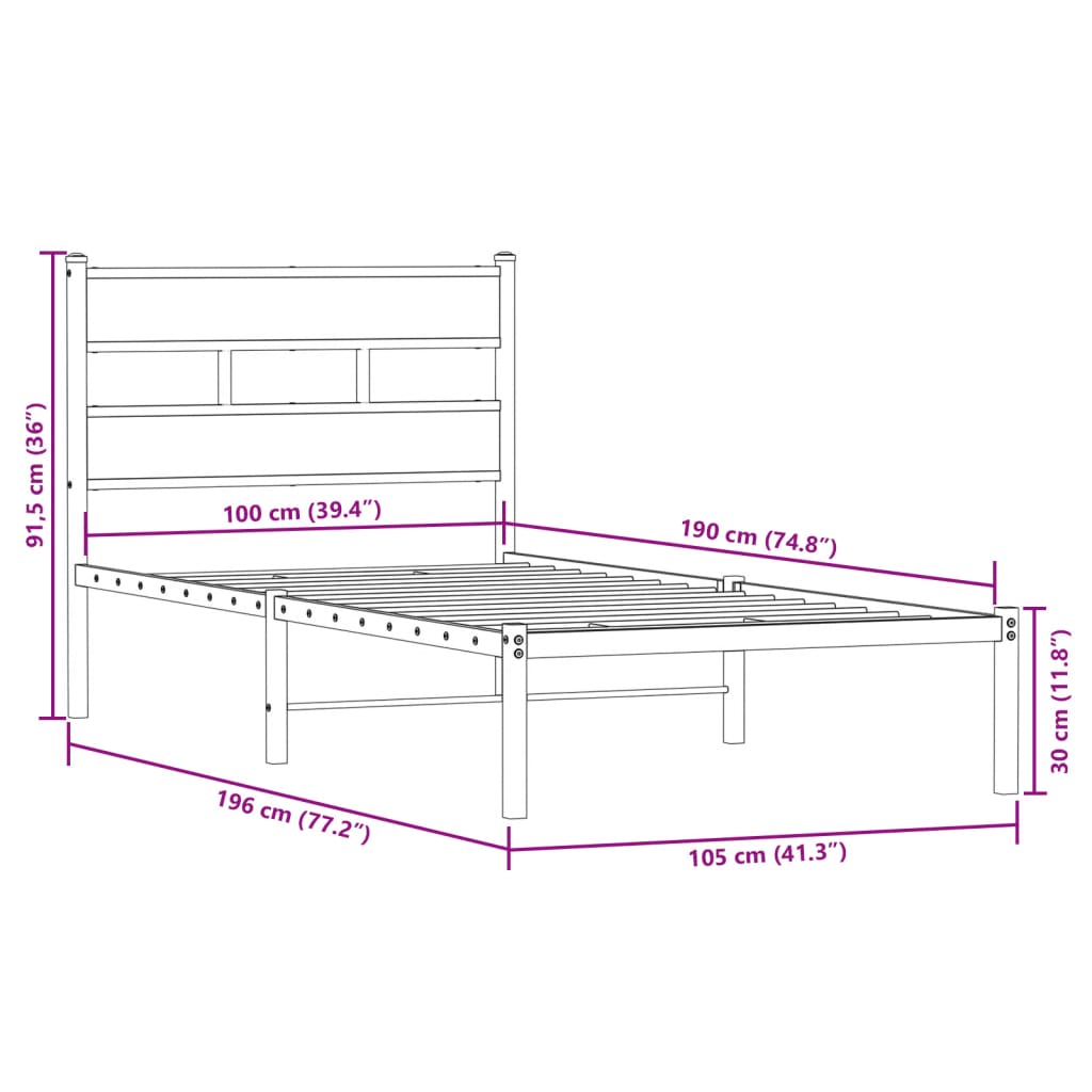 Metallbett ohne Matratze Sonoma-Eiche 100x190 cm