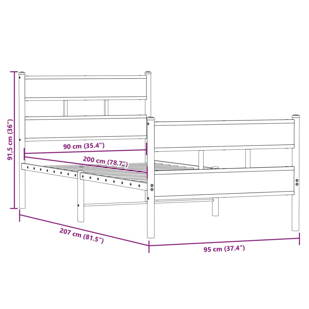 Metallbett ohne Matratze Sonoma-Eiche 90x200 cm