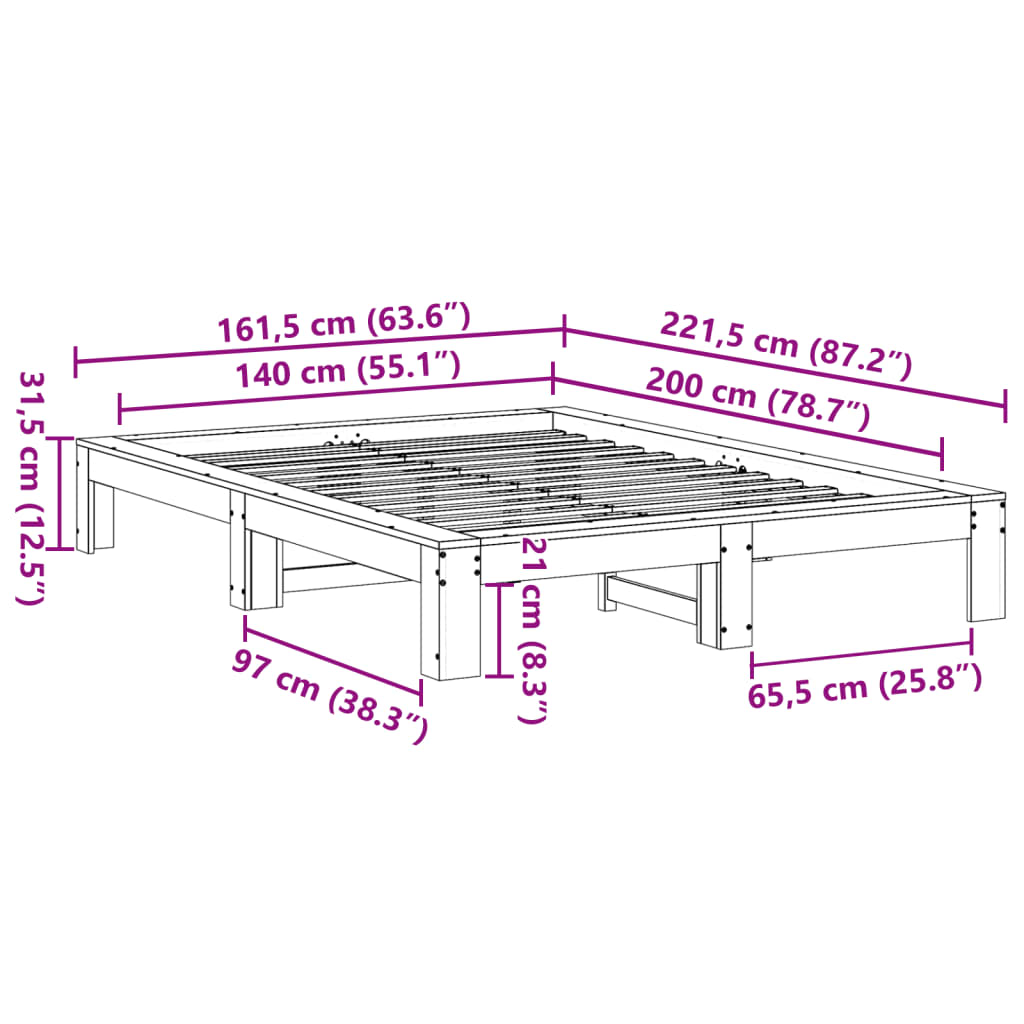 Massivholzbett ohne Matratze Weiß 140x200 cm Kiefernholz