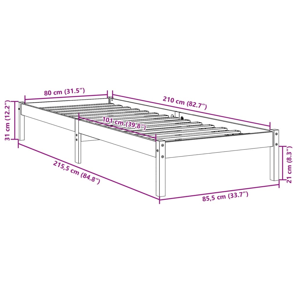 Massivholzbett Extra Lang ohne Matratze 80x210 cm Kiefernholz