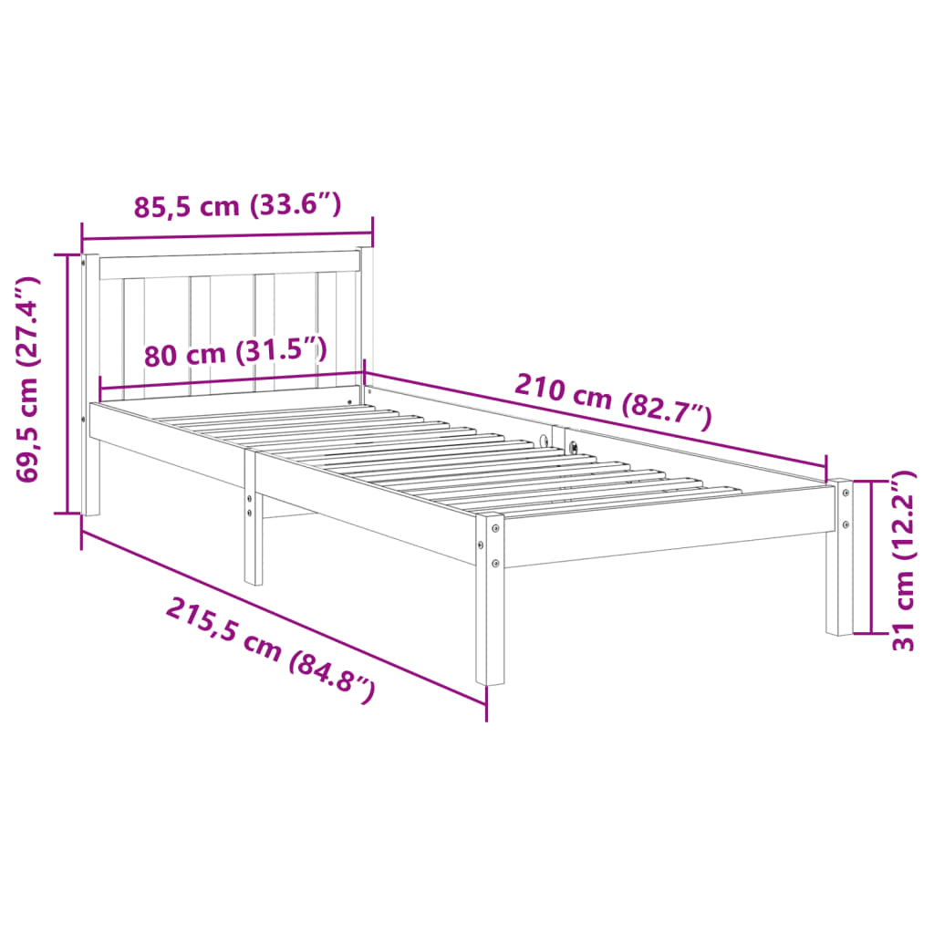 Massivholzbett Extra Lang ohne Matratze 80x210 cm Kiefernholz